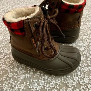 Nautica Kids Danabu Brown and Red Buffalo Plaid Kids Snow Duck Boots